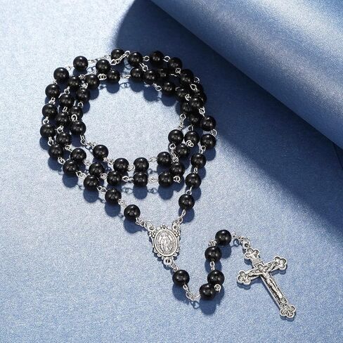 قلادة خرز مسبحة سوداء من رنفيدا، معدن سانت بنديكت المعجزة مع صليب يسوع، هدية مسيحية كاثوليكية للرجال والنساء in Kuwait