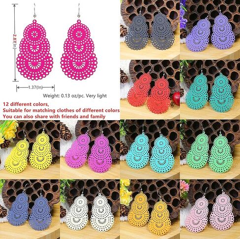 مجموعة من 12 زوج من الاقراط المتدلية الملونة المجوفة خفيفة الوزن، اقراط متدلية بنمط بوهيمي بوهو لا تسبب الحساسية للنساء عصرية ومعدنية بدون احجار كريمة, معدن, لا أحجار كريمة in Kuwait