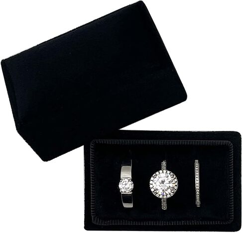 Beatilog Rectangle Velvet Ring Box 3 Slots - Premium Handmade Wedding Three Rings Bearer Holder Vintage Orthogon Jewelry Storage for Ceremony Proposal Engagement Christmas Gift (Black) in Saudi Arabia