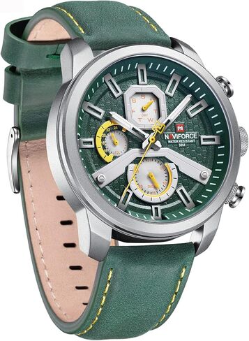 ساعات NAVIFORCE العصرية ذات الوجه الكبير للرجال، تناظرية بتاريخ تلقائي، حزام من الجلد، رياضية عسكرية مقاومة للماء، ساعة يد كوارتز مضيئة in Kuwait