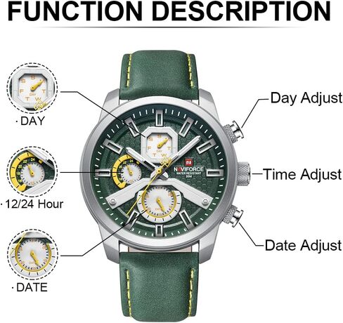 ساعات NAVIFORCE العصرية ذات الوجه الكبير للرجال، تناظرية بتاريخ تلقائي، حزام من الجلد، رياضية عسكرية مقاومة للماء، ساعة يد كوارتز مضيئة in Kuwait
