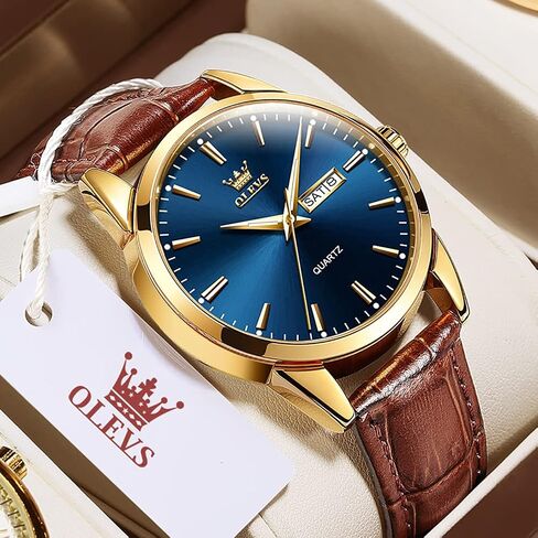 OLEVS Mens Watches Leather Wristwatch with Waterproof Luminous Analog Quartz Fashion Business Sport Watches for Men in Saudi Arabia