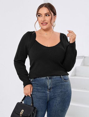 ShopWonder Womens Plus Size Knit Tops Long Sleeve Sweetheart Neck Sweaters Casual Tunic Tops in Saudi Arabia