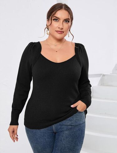 ShopWonder Womens Plus Size Knit Tops Long Sleeve Sweetheart Neck Sweaters Casual Tunic Tops in Saudi Arabia