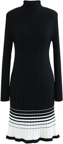 CHICWISH Women's Black/Indigo and White Contrast Hem Mock Neck Knit Midi Dress in Saudi Arabia