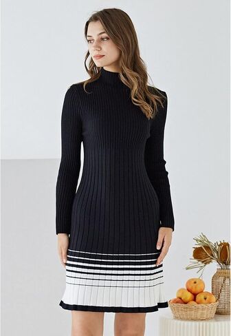 CHICWISH Women's Black/Indigo and White Contrast Hem Mock Neck Knit Midi Dress in Saudi Arabia