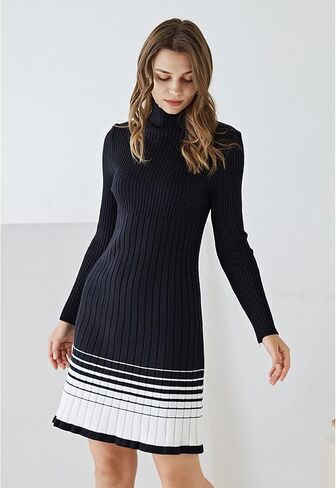 CHICWISH Women's Black/Indigo and White Contrast Hem Mock Neck Knit Midi Dress in Saudi Arabia