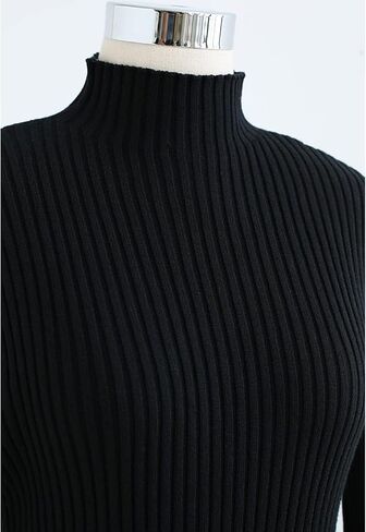 CHICWISH Women's Black/Indigo and White Contrast Hem Mock Neck Knit Midi Dress in Saudi Arabia