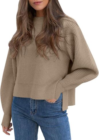 سترة نسائية Langwyqu 2023 ذات فتحة جانبية مضلعة وأكمام طويلة فضفاضة بلوفر غير متماثل بفتحة جانبية in Kuwait