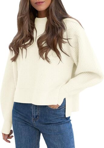 Langwyqu Women's 2023 Crewneck Cropped Sweater Tops Ribbed Knitted Long Sleeve Loose Pullover Asymmetric Side Slit Jumper in Saudi Arabia
