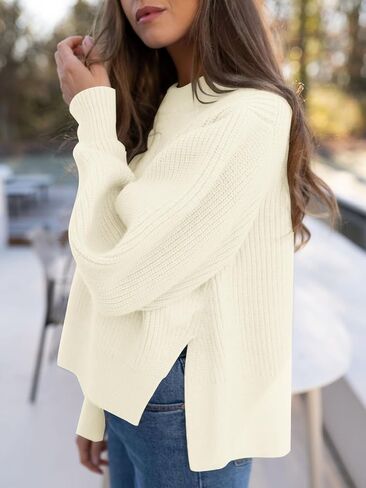 Langwyqu Women's 2023 Crewneck Cropped Sweater Tops Ribbed Knitted Long Sleeve Loose Pullover Asymmetric Side Slit Jumper in Saudi Arabia