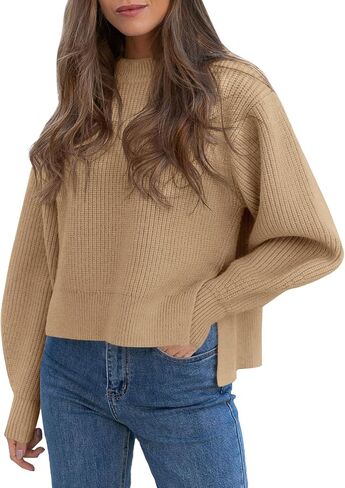Langwyqu Women's 2023 Crewneck Cropped Sweater Tops Ribbed Knitted Long Sleeve Loose Pullover Asymmetric Side Slit Jumper in Saudi Arabia