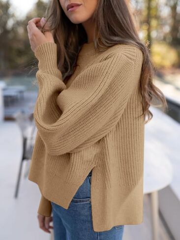 Langwyqu Women's 2023 Crewneck Cropped Sweater Tops Ribbed Knitted Long Sleeve Loose Pullover Asymmetric Side Slit Jumper in Saudi Arabia