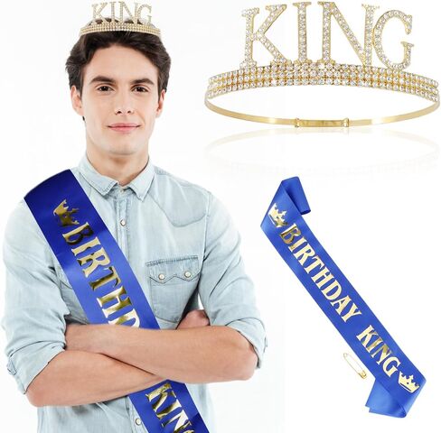 CUBACO عيد ميلاد الملك تاج ووشاح للرجال، هدايا عيد ميلاد للرجال، زينة عيد ميلاد ذهبية للرجال النساء معدن كريستال تاج تيارا للنساء الرجال مناسبة حفلة عيد ميلاد (ذهبي أسود) in Kuwait