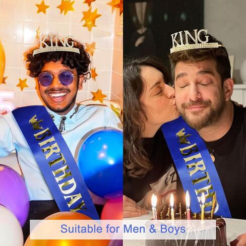 CUBACO عيد ميلاد الملك تاج ووشاح للرجال، هدايا عيد ميلاد للرجال، زينة عيد ميلاد ذهبية للرجال النساء معدن كريستال تاج تيارا للنساء الرجال مناسبة حفلة عيد ميلاد (ذهبي أسود) in Kuwait