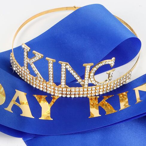CUBACO عيد ميلاد الملك تاج ووشاح للرجال، هدايا عيد ميلاد للرجال، زينة عيد ميلاد ذهبية للرجال النساء معدن كريستال تاج تيارا للنساء الرجال مناسبة حفلة عيد ميلاد (ذهبي أسود) in Kuwait