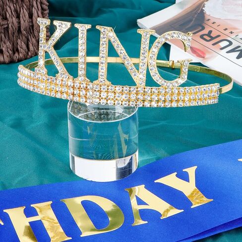 CUBACO عيد ميلاد الملك تاج ووشاح للرجال، هدايا عيد ميلاد للرجال، زينة عيد ميلاد ذهبية للرجال النساء معدن كريستال تاج تيارا للنساء الرجال مناسبة حفلة عيد ميلاد (ذهبي أسود) in Kuwait