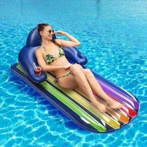 كرسي LUSVNEX Rainbow Pool Float Lounge، مقاس 68 بوصة × 35 بوصة، طوف حمام سباحة كبير جدًا، صالة تسمير قابلة للنفخ مع مسند ظهر وحامل مشروبات