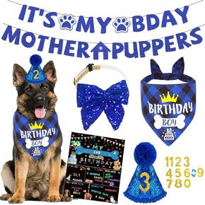 Dog Birthday Party Supplies Dog Birthday Bandana Boy Dog Birthday Hat Bow Tie Greeting Card Birthday Numbers It’s My Bday Mother Puppers Sign Banner for Medium Large Dogs