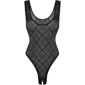KKmeter Womens See-Through Sheer Mesh Bodysuit Jumpsuits One Piece Sleeveless High Cut Lingerie Thong Leotard Nightwear