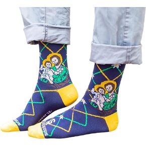 Sock Religious St. Joseph Blue and Gold Argyle Pattern Men's and Women's One Size Fits Most Polyester Blend Catholic Inspirational Fun Crew Socks, Adult