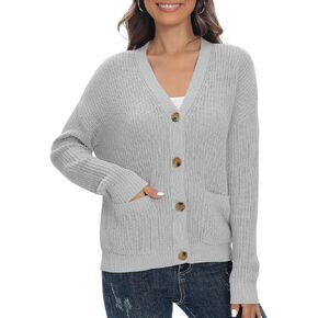 Urban CoCo Women's Chunky Knit Open Front V-Neck Long Sleeve Button Casual Cardigan with Pockets
