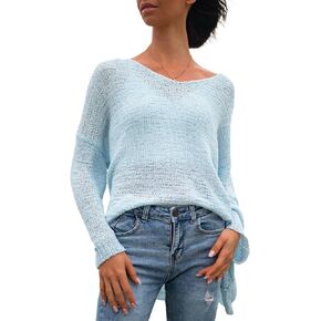 Clipsa Women’s Oversized Sweaters Lightweight Crewneck Trendy Knit Casual Long-Sleeves Cardigan Woman Spring Summer Fall Knitted Pullover Clothing Blue