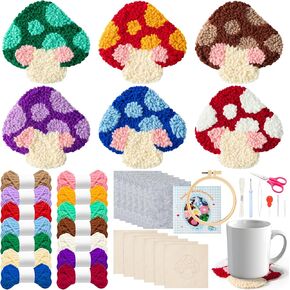WATINC Mushroom Punch Needle Coaster Kit - 22Pcs Easy Art Work Decor Coasters Kits for Beginners, DIY Set of 6 Mushroom Pattern Tufted Rug Pads with Adhesive Felt Yarns Embroidery Hoop Instruction