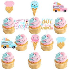 JOYMEMO 24 Pcs What's The Scoop Gender Reveal Cupcake Toppers - Pink Blue Ice Cream Baby Shower Decorations, Double Sided Paper Ice Cream Cake Decor for Pregnancy Celebration Newborn Party