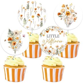 36pcs Boho Wildflower Cupcake Toppers for Girl, Little Wildflower Baby Shower Decorations, Double-sided Floral Cupcake Toppers for Flower Theme Baby Shower Decorations