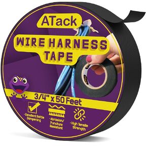 ATack Wire Harness Tape Black Cloth Tape Wire Loom Tape ¾-Inch x 50-Feet High Temperature Cloth Electrical Tape Automotive Electrical Tape, Cloth Tape Automotive Tape, Fabric Wire Tape