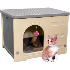 Plastic Cat House for Outdoor Indoor Use, Stackable Feral Cat Shelter Indoor Cat House Insulated Weatherproof Waterproof Elevated with Cat Food Bowl & Cushion(Gray)
