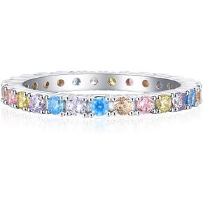 Bellitia Jewelry Gold Plated/925 Sterling Silver Fashion Stackable Rings for Women Colorful Cubic Zirconia Eternity Ring Rainbow Jewelry Gifts, Multi Color Gemstone Eternity Wedding Band