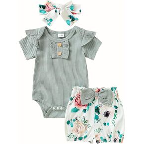 Toddle Baby Girl Clothes Summer Outfits Romper, Ruffle Sleeve Ribbed Bodysuit Floral Short Baby Girl Clothes Shorts Set