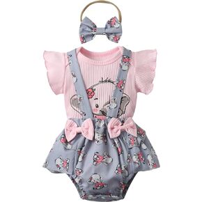 KuKitty Newborn Infant Baby Girl Clothes Solid Ribbed Ruffle Sleeve Top and Overall Shorts with Headband