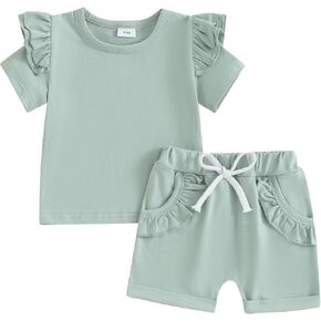 Ursobutegl Toddler Baby Girls Summer Outfits Ruffle Short Sleeve T-shirt Top Elastic Waist Shorts 2pcs Infant Clothes Set in Kuwait