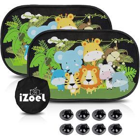 MOVINPE Car Sun Shade for Baby Kids 2 Pack Static Cling Side Window Car 80GSM Rear Sunshades Universal with 8 Suction Cups and Storage Bag - Sun Glare and UV Rays Protection (Cute Animals)