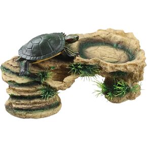 IBWell Turtle Basking Platform Large, Resin Bearded Dragon Habitat Tortoise Hideout Turtle Rocks Leopard Gecko Climbing Accessories with Feeder Bowls, 3-in-1