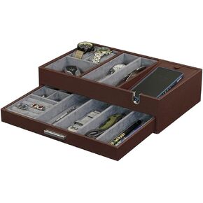 Arolly Multi-Functional Leatherette Valet Tray Dresser with Pull Out Drawer for Phone, Coins, Watches, Sunglasses, Jewelry, Keys and Other Accessories, Desk Organizer Storage Box [Brown]
