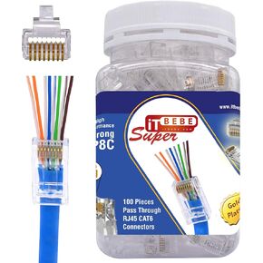 ITBEBE RJ45 Cat6 Pass Through Connectors – High Performance Cat6 Connector (RJ45 Connectors/Ethernet Connector / Cat6 Connectors / 8P8C / Cat 6 Ends / RJ45 Ends) for 24 AWG Ethernet Cable -100Pcs