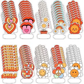 Qilery 100 Pcs Groovy Retro Hippie Name Stickers Boho Tags Labels Space Galaxy Nameplate Tag Desk Daisy Smile Name Tags for Classroom Decor Bulletin Board Office School Kids (Smile)