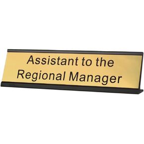 Assistant to The Regional Manager Desk Plate, 2 x 8 inch Novelty Name Plate, Gold Name Plate with Black Aluminum Desk Holder