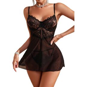 MakeMeChic Women's Floral Lace Backless Lingerie Set Mesh Sheer Babydoll Nightgown with Thongs