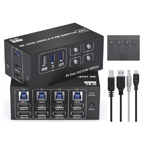 8K Dual Monitor KVM Switch - 4 Computer 2 Monitors KVM HDMI Switches with 3 USB 3.0 Ports, Remote and Power Adapter, Support Copy and Extend Mode, Compatible with 3 Computers 2 Monitors KVM Switches