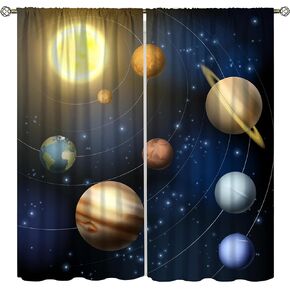 Solar System Kids Bedroom Curtains, Cartoon Outer Space Theme Cosmic Planet Planet Pattern Printing Boys and Girls Home Curtains 42x45 Inch