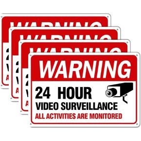 Video Surveillance Sign, 4-Pack 10"x10" Security Camera Sign, Reflective and Waterproof Material 24 Hour Surveillance Sign For Home/Business