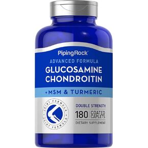 Piping Rock Glucosamine Chondroitin MSM Plus Turmeric | 180 Coated Caplets | Advanced Double Strength | Non-GMO, Gluten Free