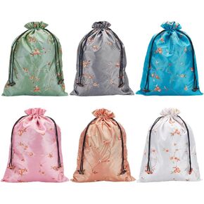 FREEBLOSS 6pcs Embroidered Silk Flower Design Travel Bag Chinese Silk Brocade Drawstring Laundry Bags Shoe Bags Brocade Jewelry Pouch Silk Underwear Travel Bag for Women Washable Cloth Shoe Bags