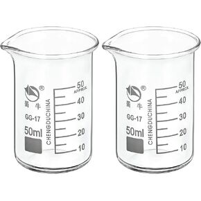 PATIKIL 50ml Tall Form Glass Beaker, 2 Pack 3.3 Borosilicate Glass Graduated Printed Scale Measuring Cups with Spout for Kitchen Lab Liquids Transit Boiling