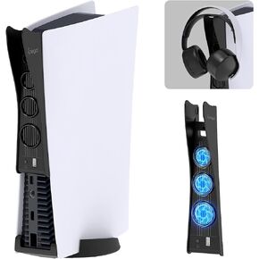 مروحة تبريد نحيفة 2 في 1 من FYOUNG مع حامل شماعات للرأس متوافق مع الإصدار الرقمي من Playstation 5 ووحدة تحكم فائقة الدقة، ومروحة تبريد لنظام التبريد لجهاز PS5 مع 3 مراوح تبريد ومنفذ USB إضافي in Kuwait